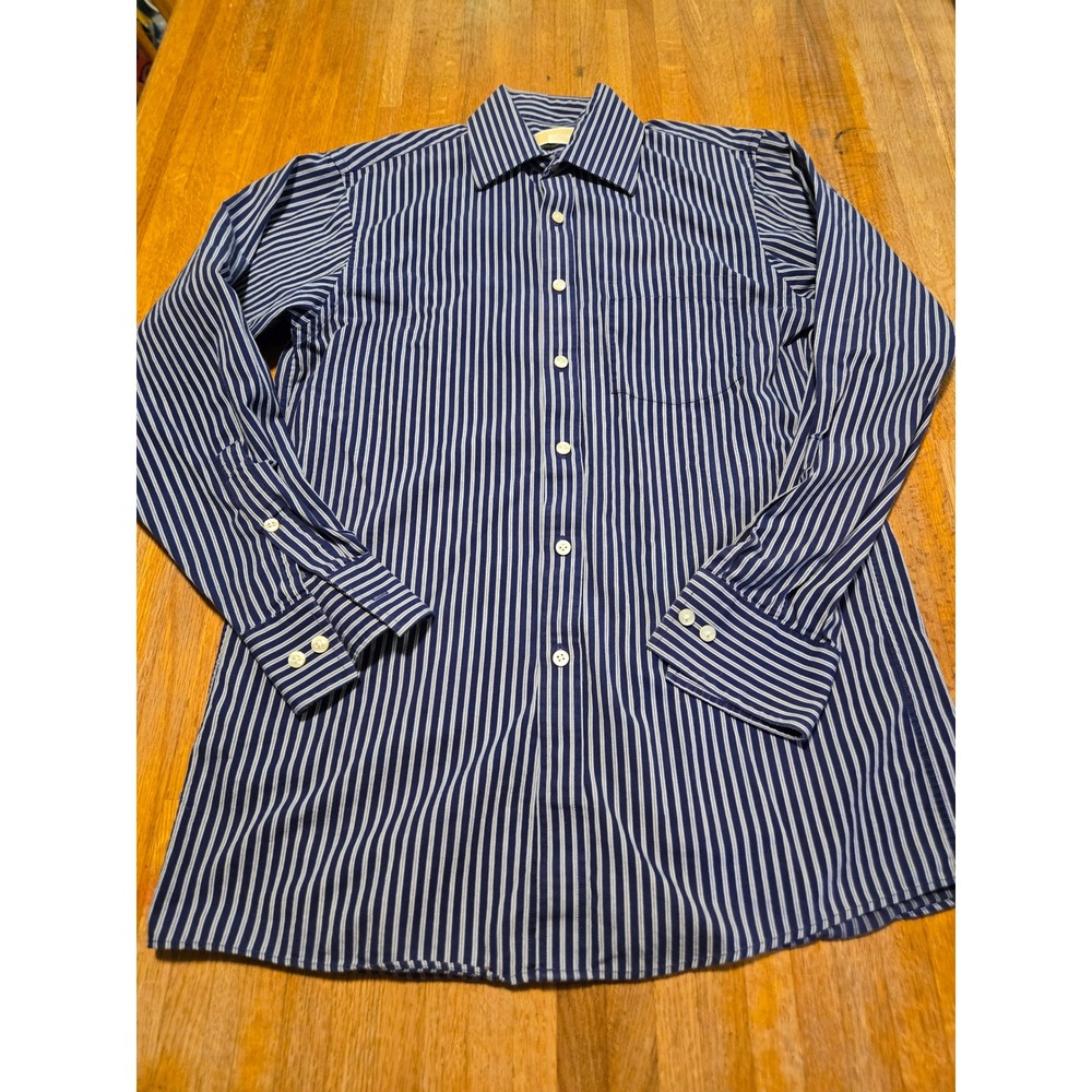 Michael‎ Kors Men 14.5 32/33 Navy White Stripe Long Sleeve Button Down Dress Top